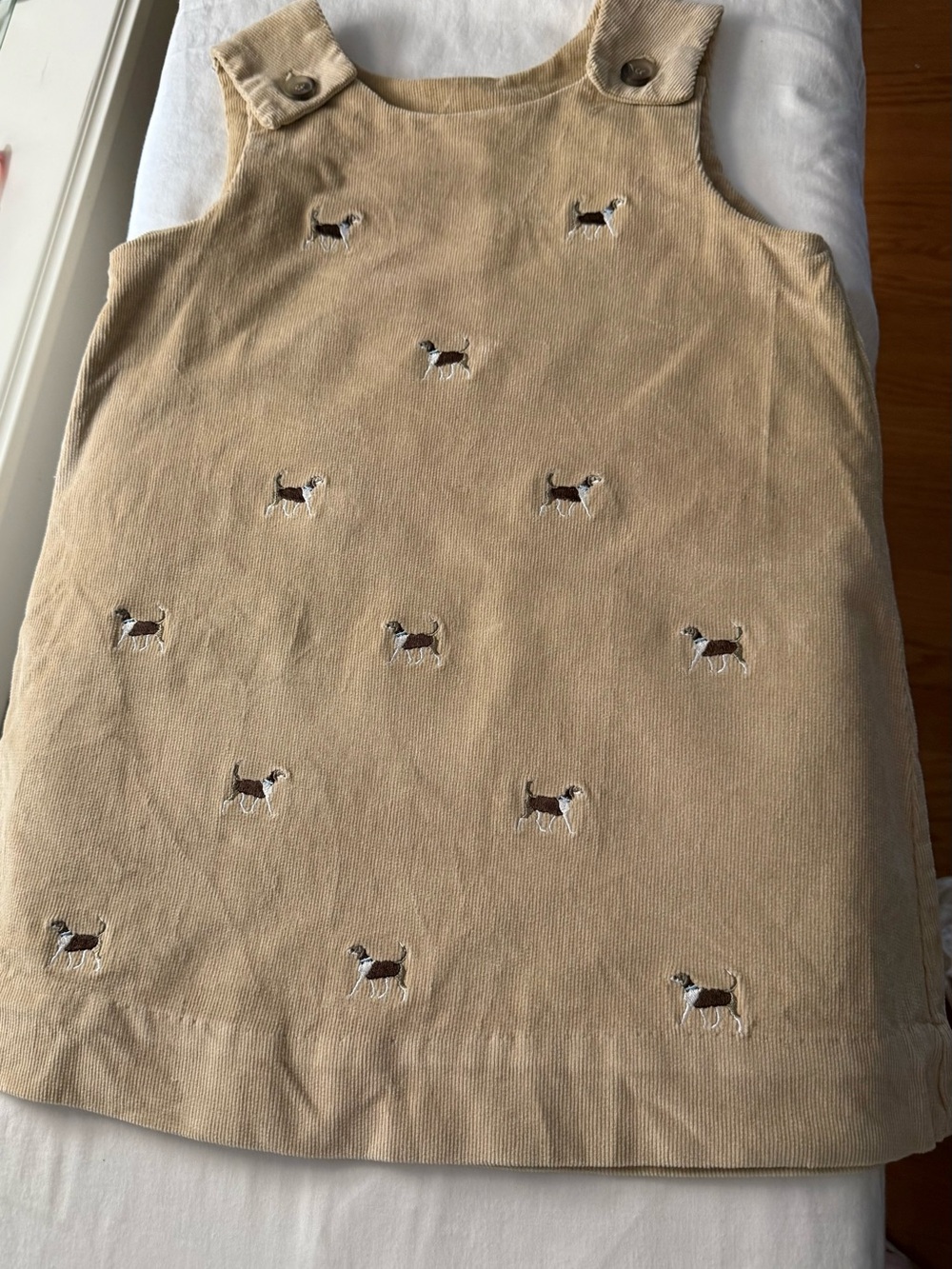 The Beaufort Bonnet Company Tan Corduroy Pinafore Dress with Dog Embroidery